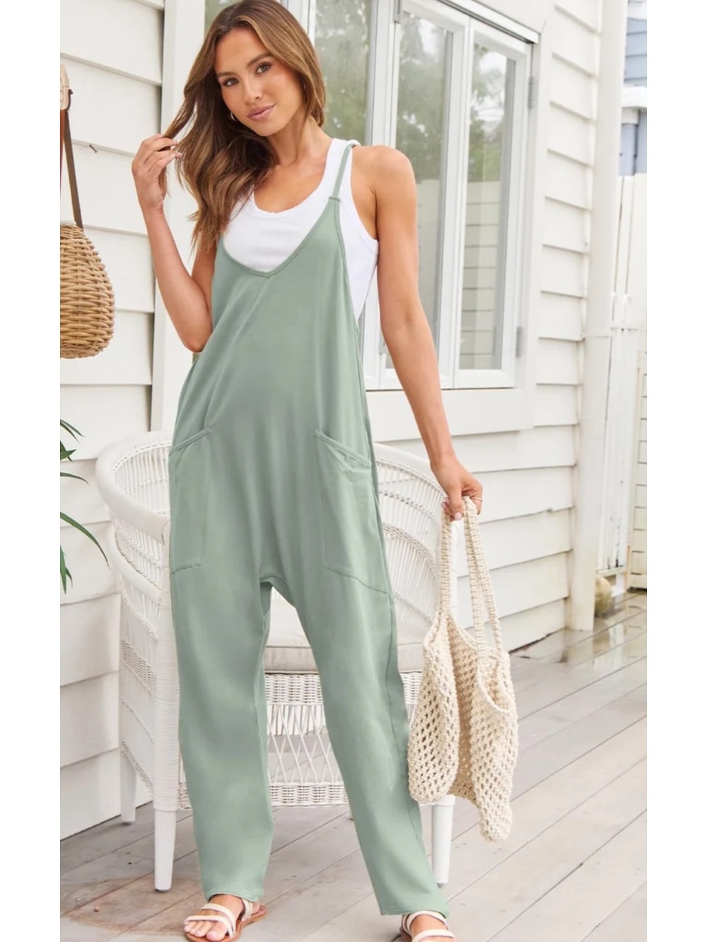 Light Sage Relaxed Strap Jumpsuit with Pockets
